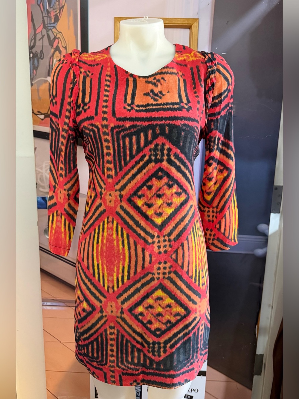 Sandro Red and Orange Geometric Mini Dress